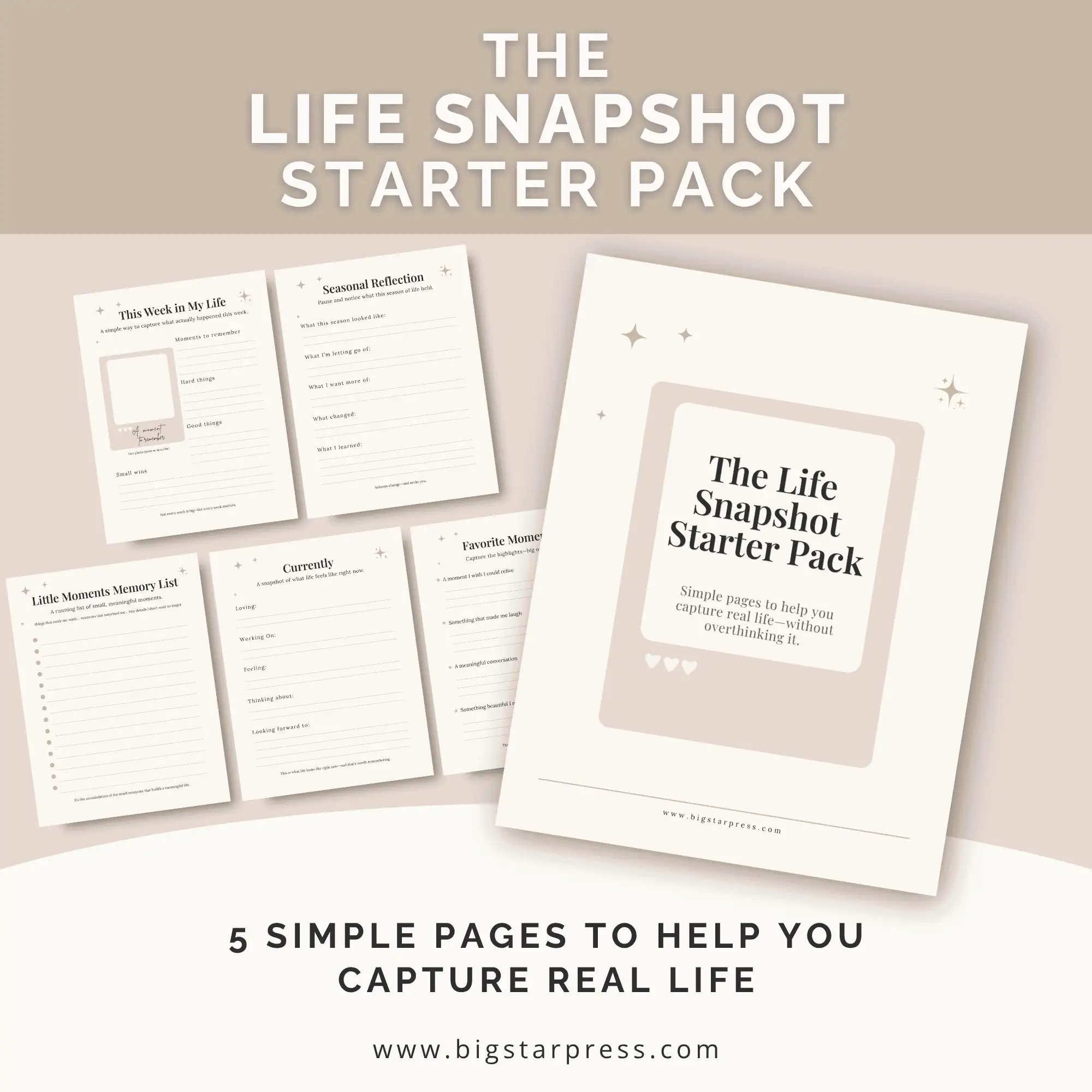 Life Snapshot Starter Pack printed pages on a pink and tan background